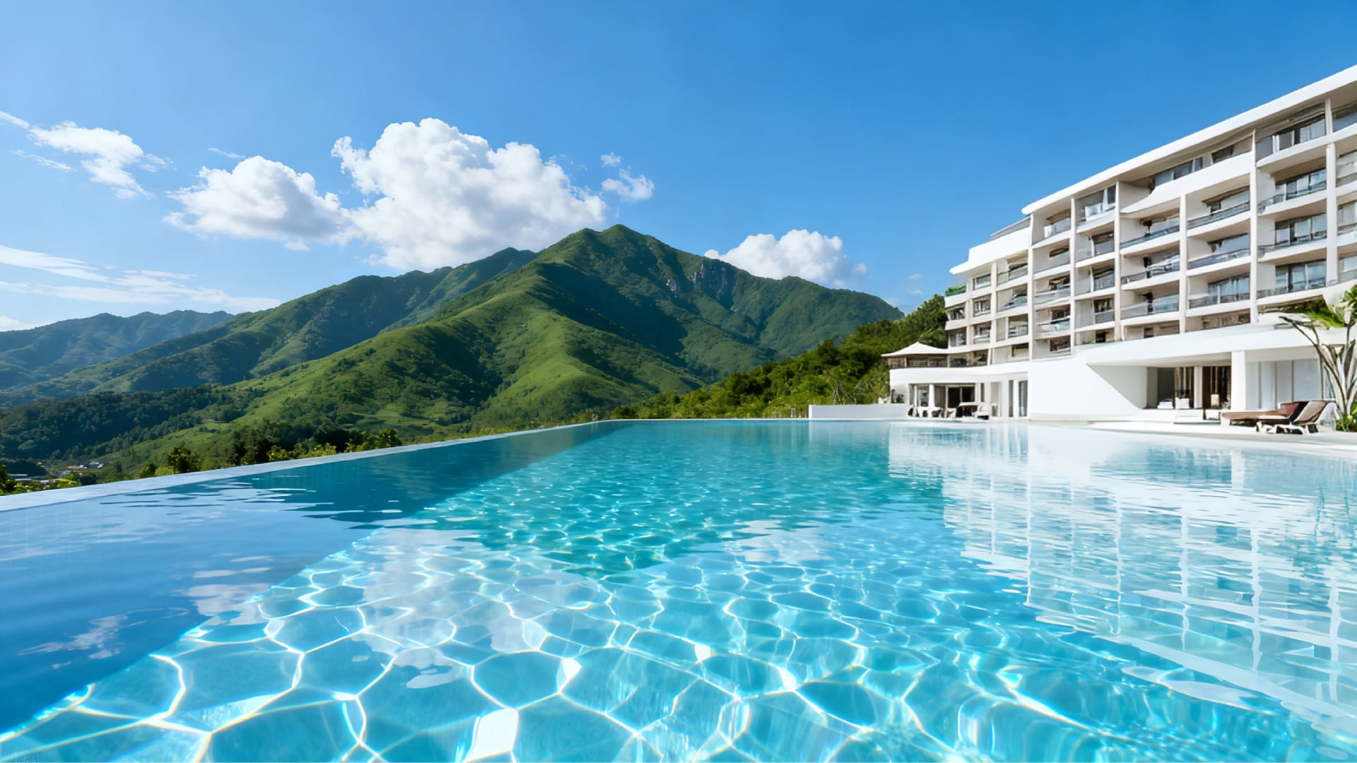 亚克力泳池全景展示,透明的池壁呈现出清澈的水质和现代感设计